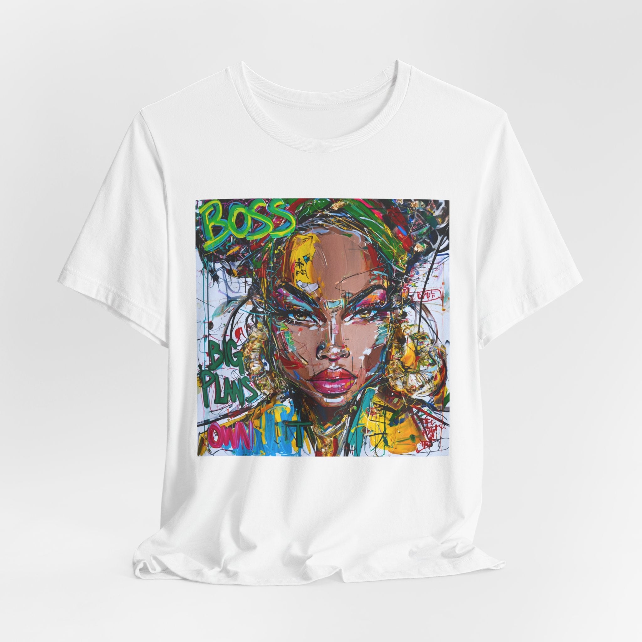 Graffiti Portrait Tee — Colorful 'Boss' Street Art Woman T-Shirt