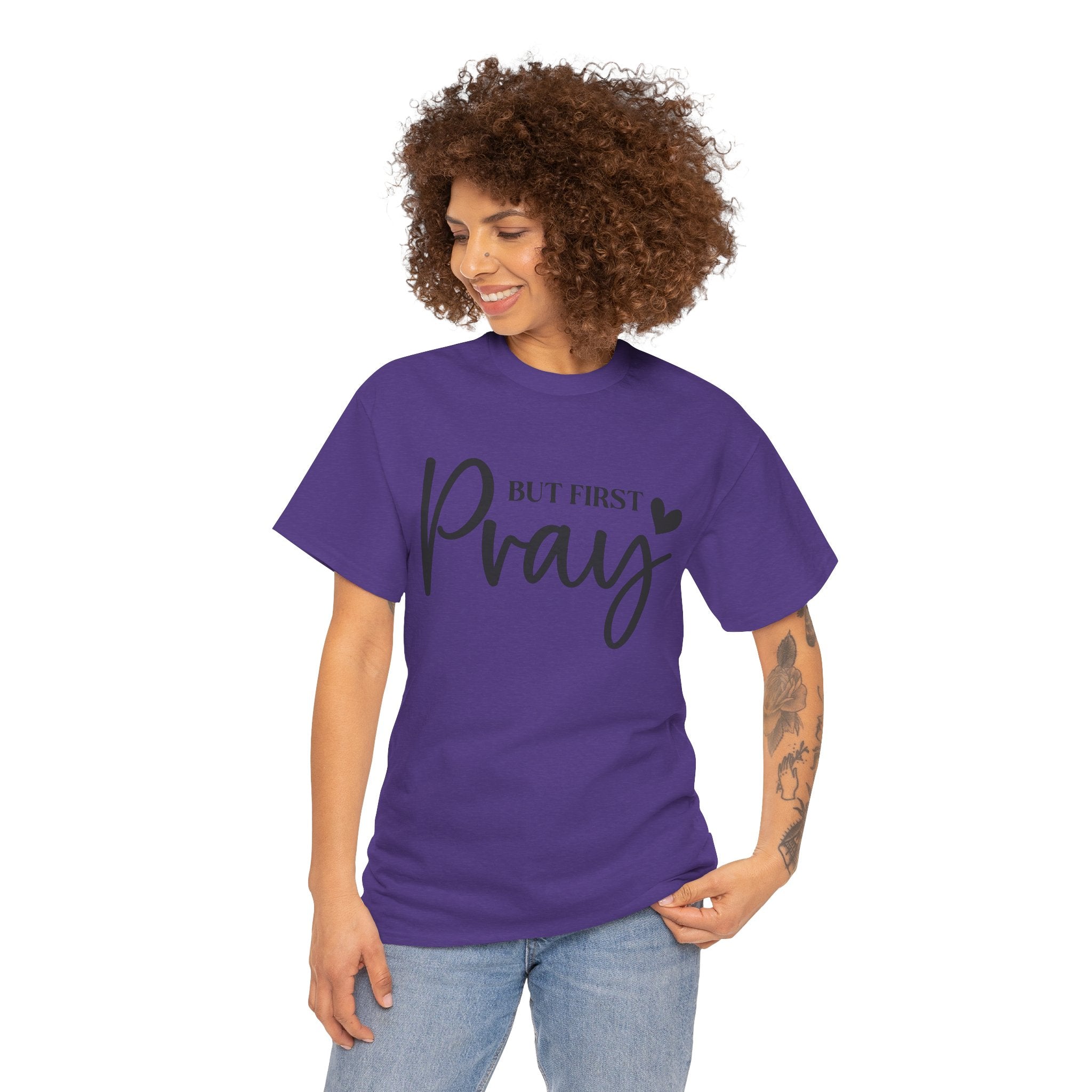 Unisex Heavy Cotton Tee with 'But First Pray' Design, Inspirational Christian Shirt, Faith-Based Gift, Perfect for Prayer Groups, [...]