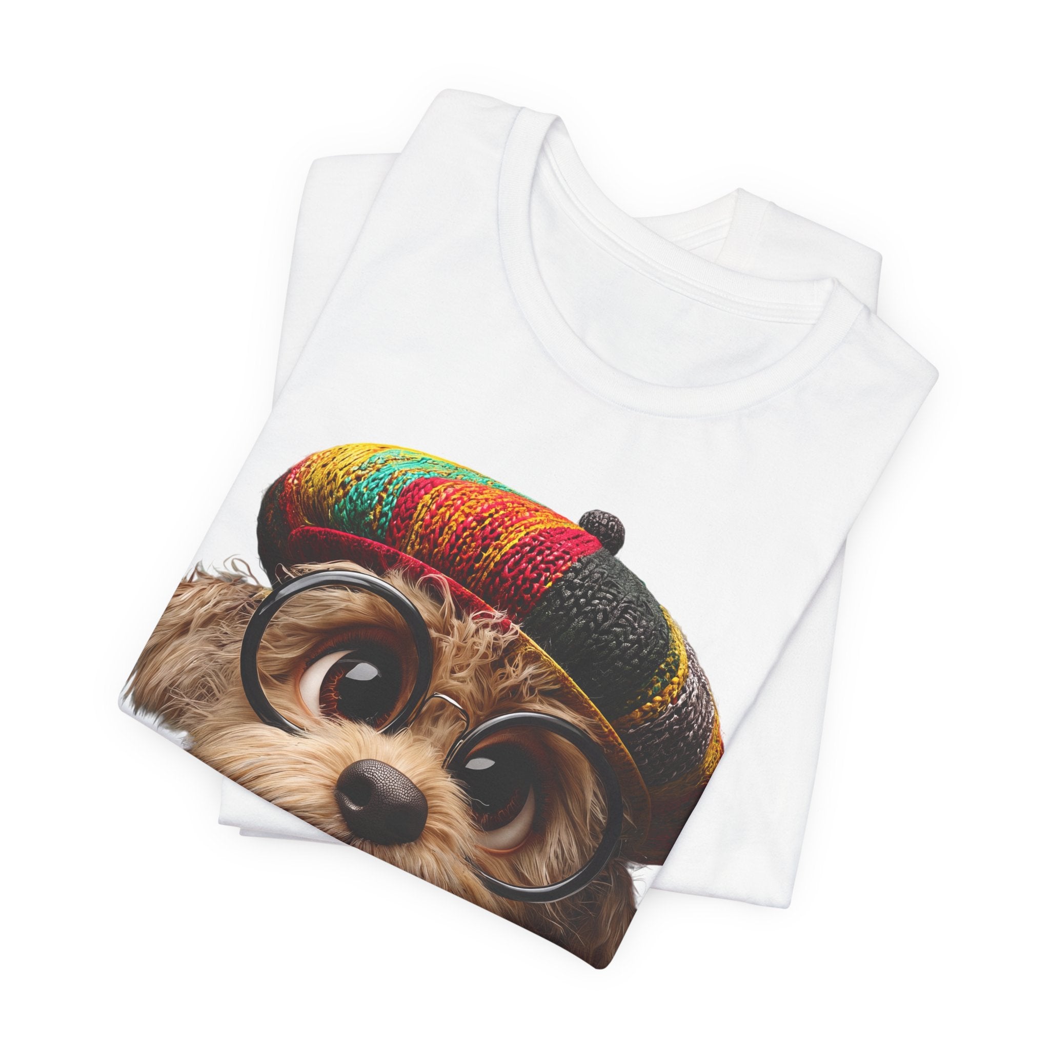 Cute Dog Graphic Tee — Rasta Hat Puppy Portrait T-Shirt