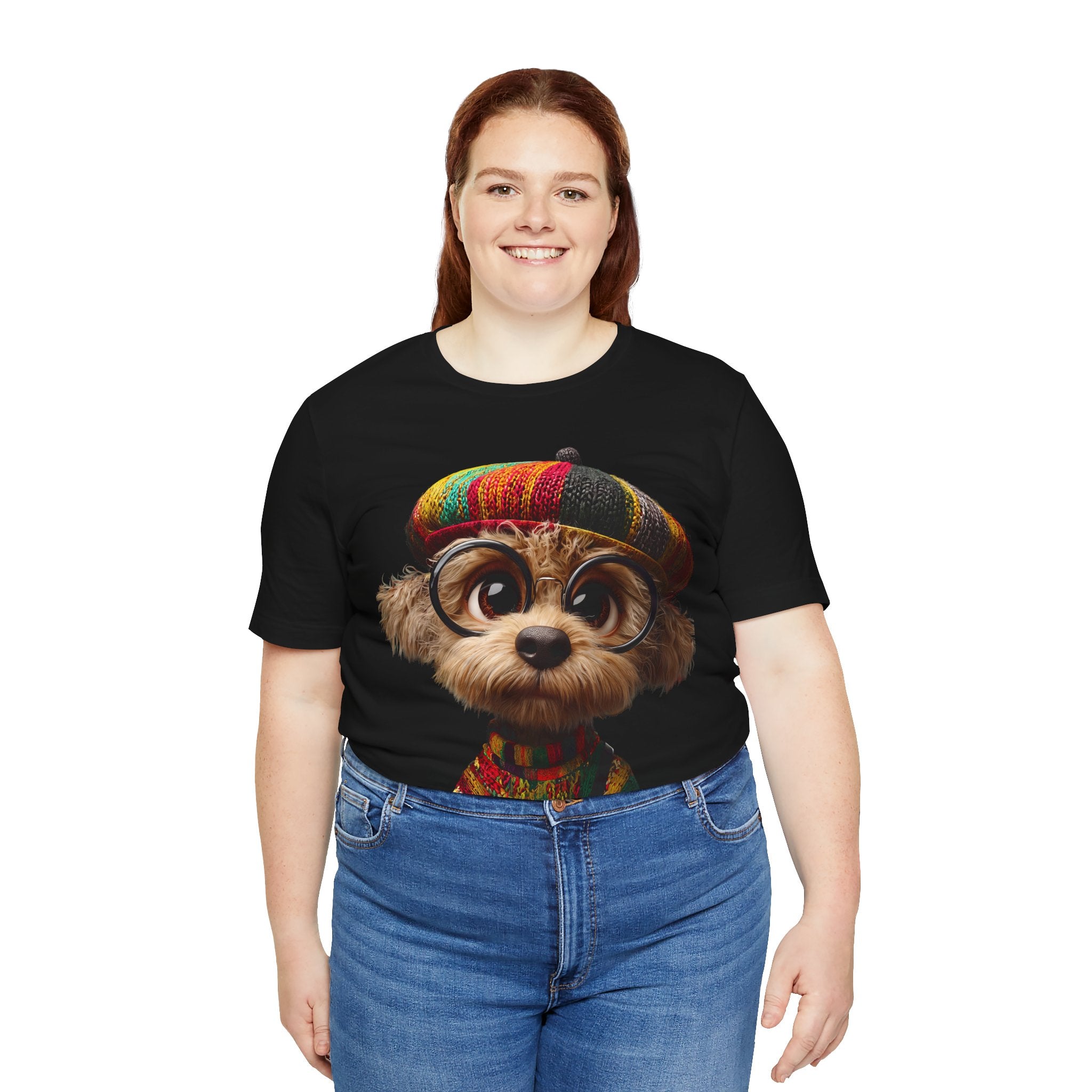 Cute Dog Graphic Tee — Rasta Hat Puppy Portrait T-Shirt
