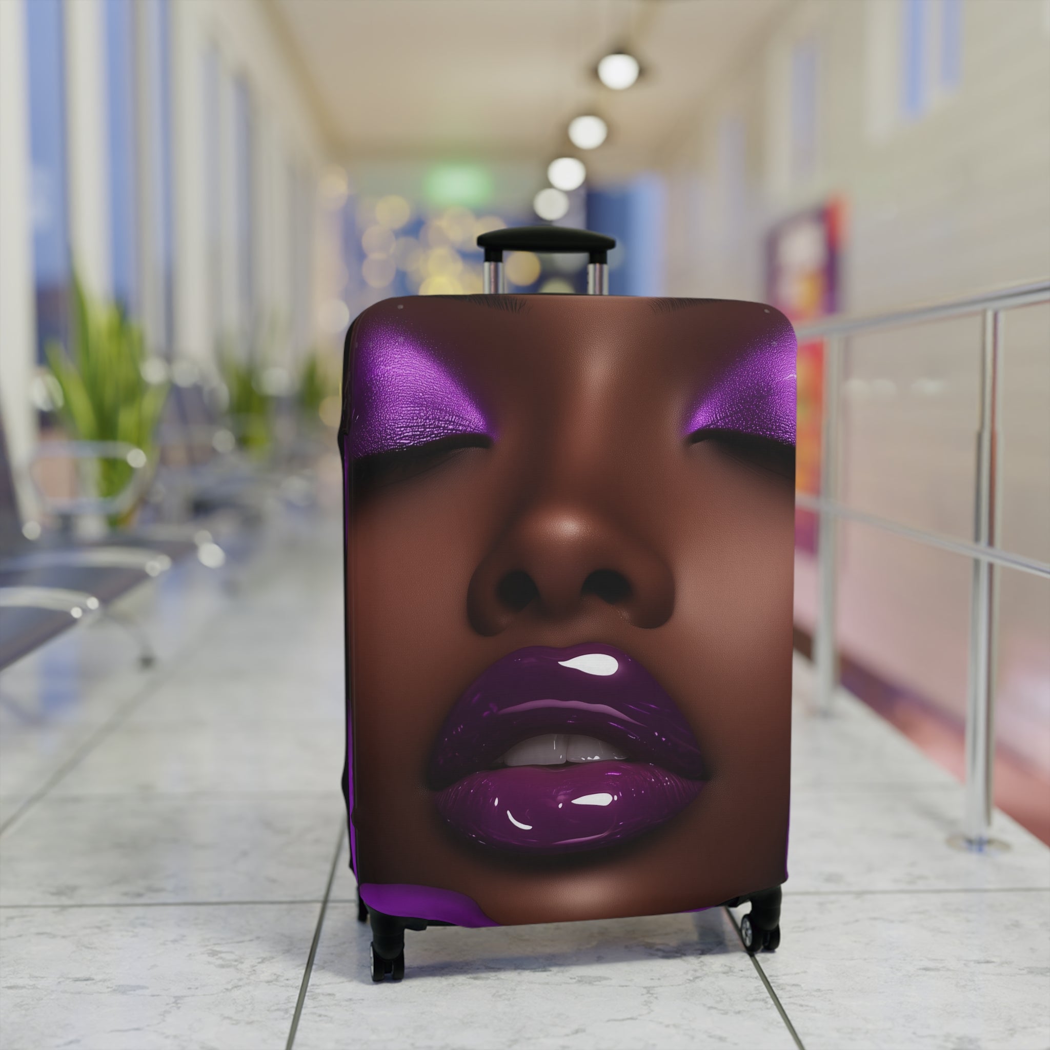 Purple Flower Stylish Luggage Cover - Elegant African American Woman Design for Travel