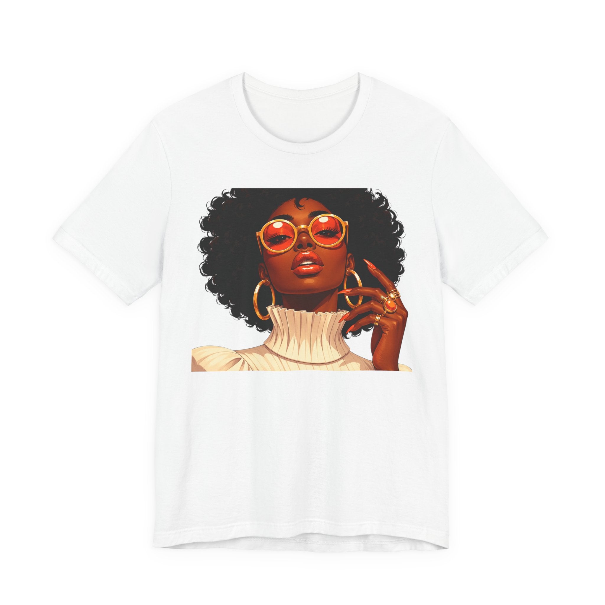 Afro Chic Portrait Tee — Retro Orange Sunglasses Art T-Shirt