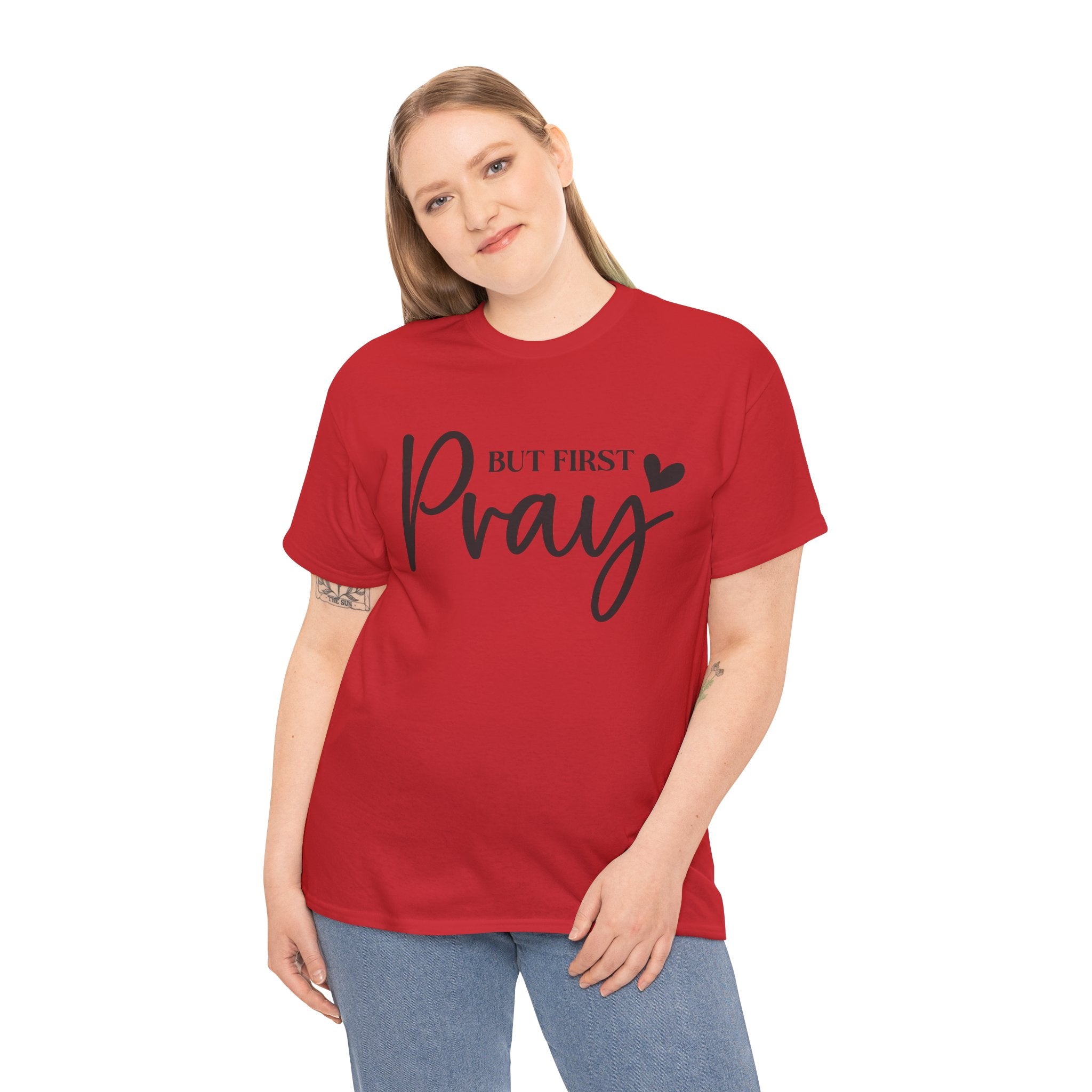Unisex Heavy Cotton Tee with 'But First Pray' Design, Inspirational Christian Shirt, Faith-Based Gift, Perfect for Prayer Groups, [...]