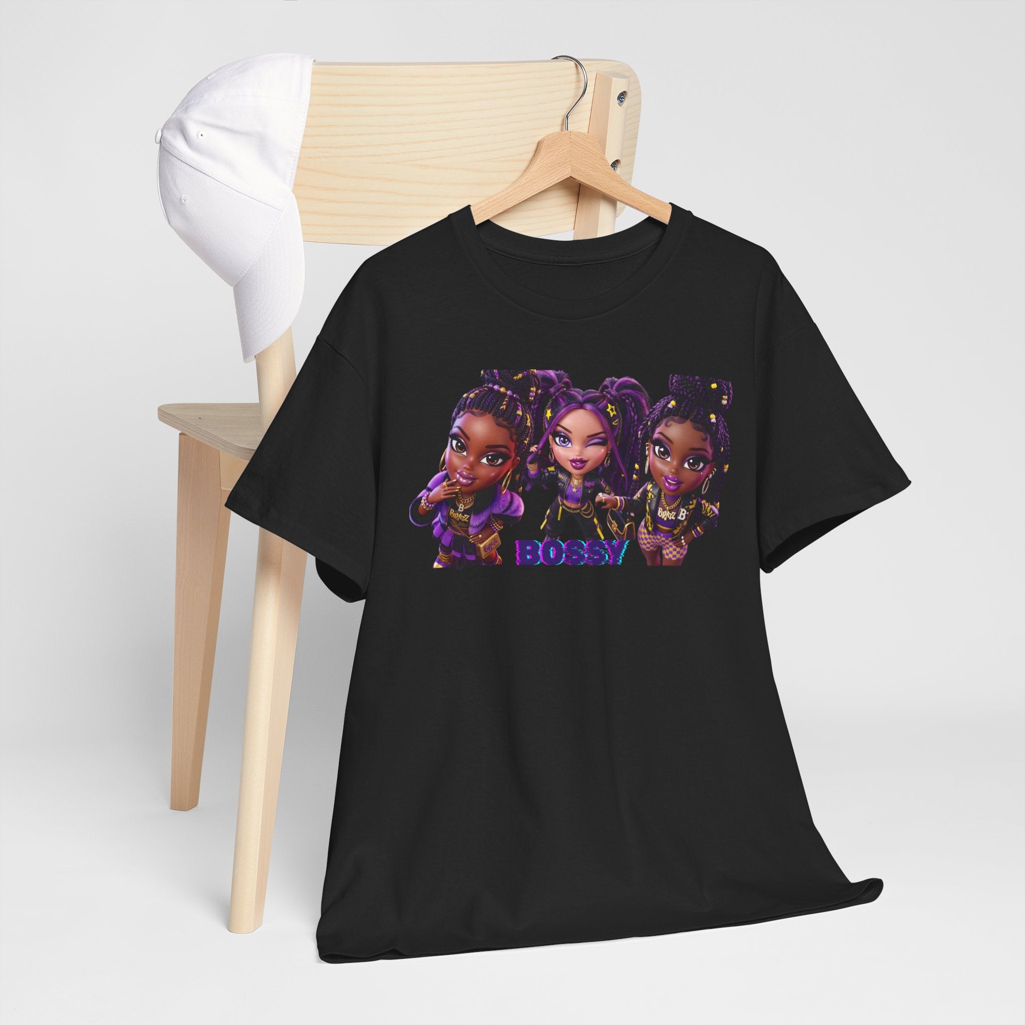 BOSSY Girl Crew Tee — Cute Purple Chibi Trio Graphic T‑Shirt