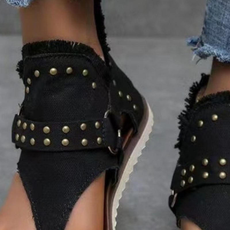 Studded Raw Hem Flat Sandals - ShopEbonyMonique