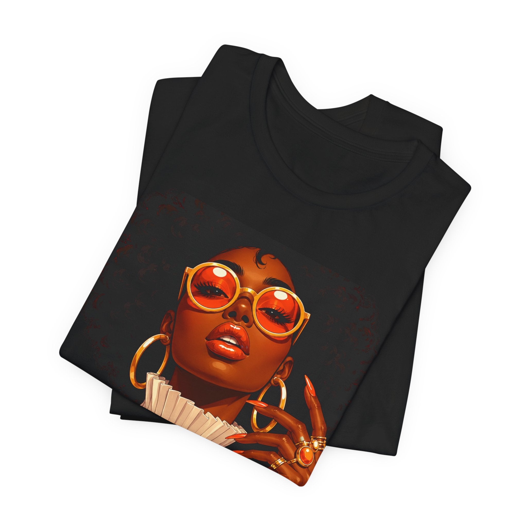 Afro Chic Portrait Tee — Retro Orange Sunglasses Art T-Shirt