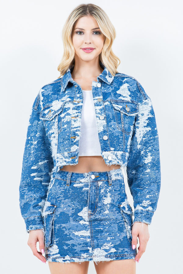 Jacquard Trim Cropped Denim Jacket - ShopEbonyMonique