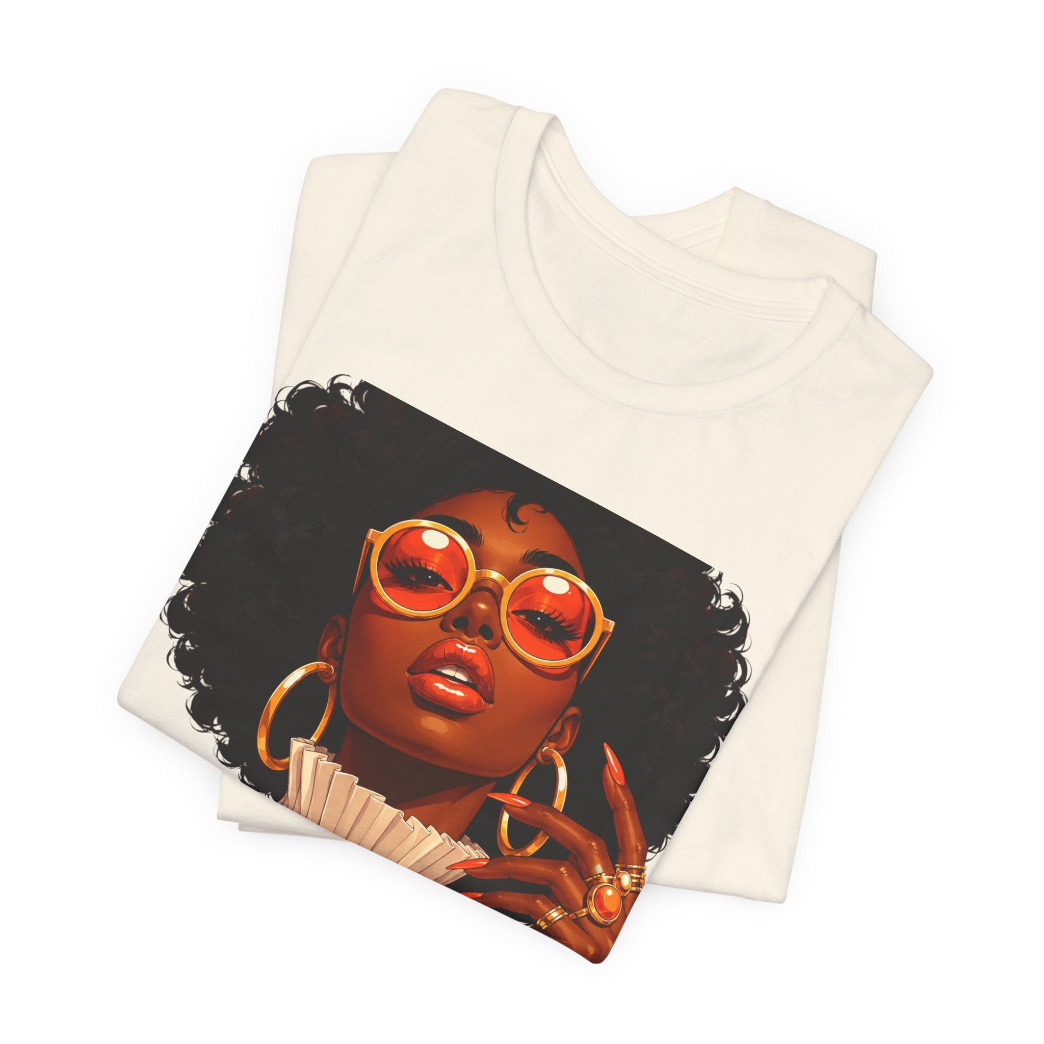 Afro Chic Portrait Tee — Retro Orange Sunglasses Art T-Shirt