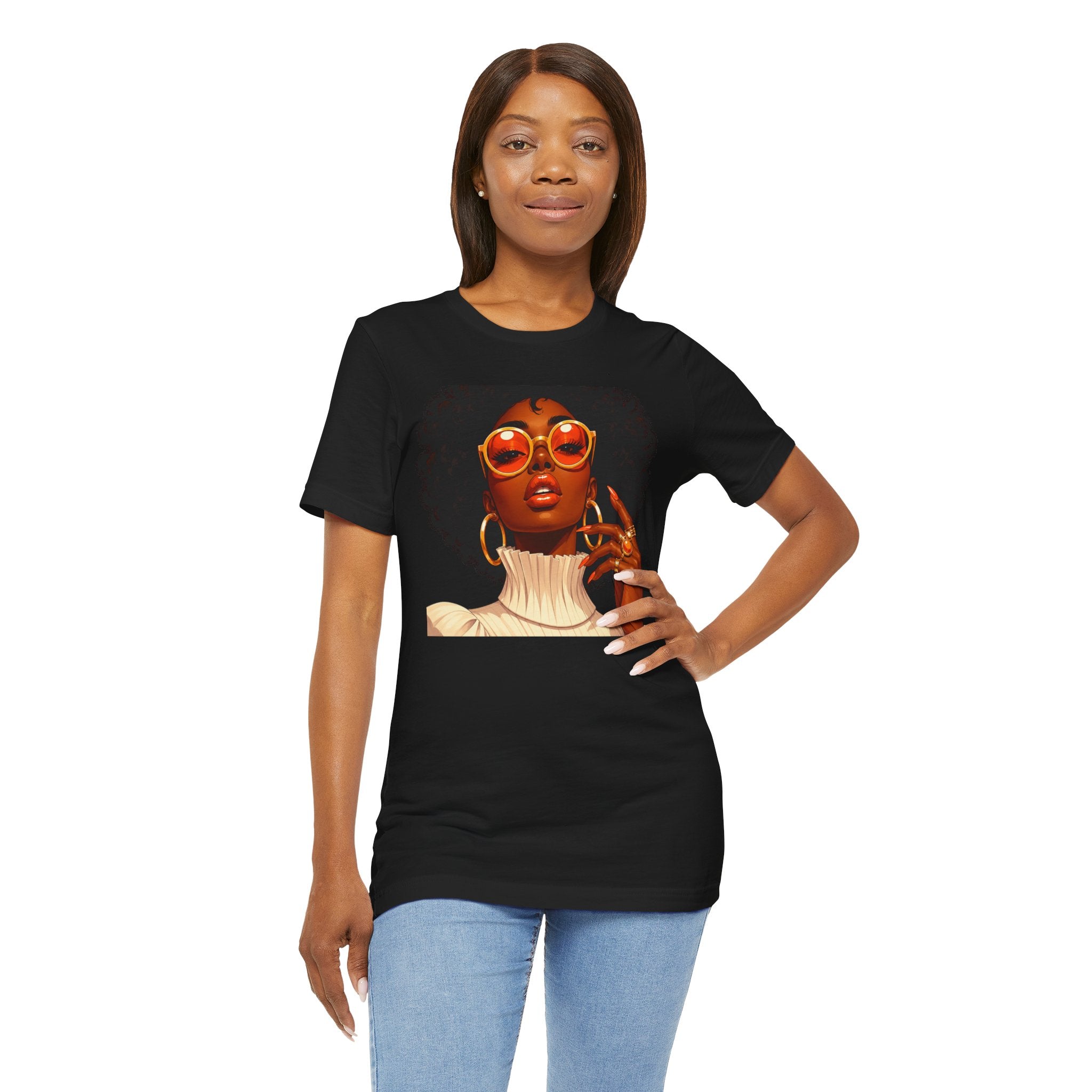 Afro Chic Portrait Tee — Retro Orange Sunglasses Art T-Shirt