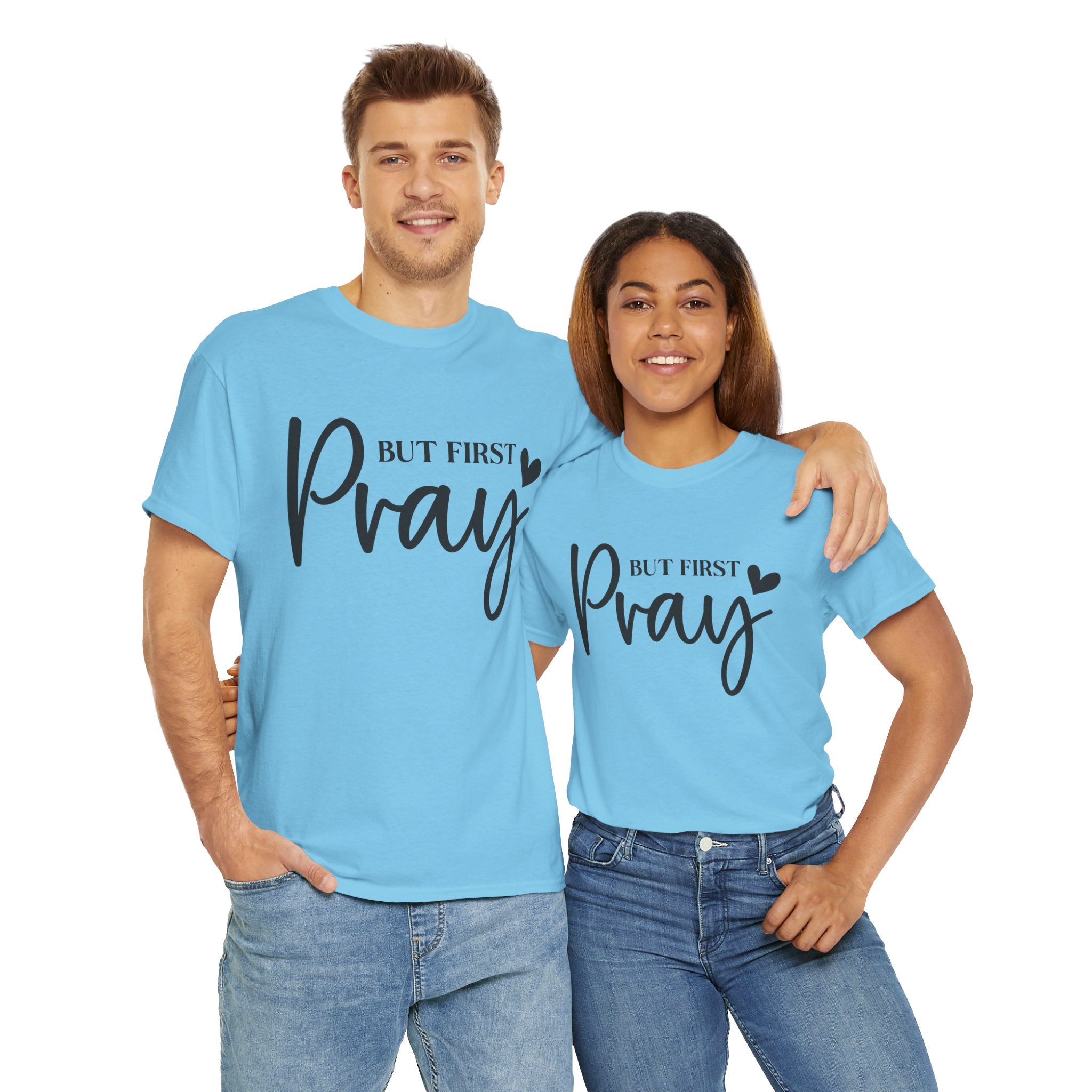 Unisex Heavy Cotton Tee with 'But First Pray' Design, Inspirational Christian Shirt, Faith-Based Gift, Perfect for Prayer Groups, [...]