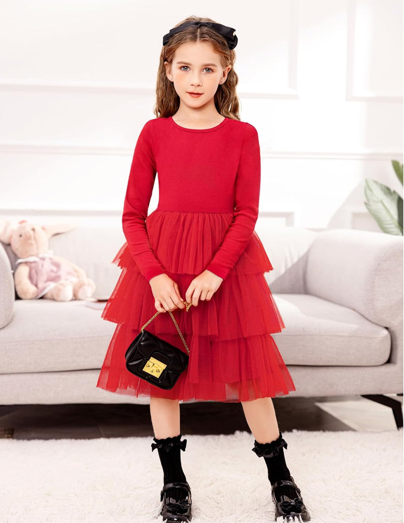 Toddler Tutu Dress Girls Long Sleeve Fall Winter Tiered Formal Party Tulle Dresses for Kids 2-6Y - ShopEbonyMonique