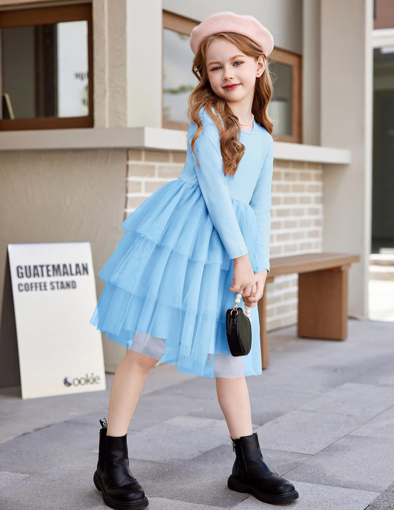 Toddler Tutu Dress Girls Long Sleeve Fall Winter Tiered Formal Party Tulle Dresses for Kids 2-6Y - ShopEbonyMonique