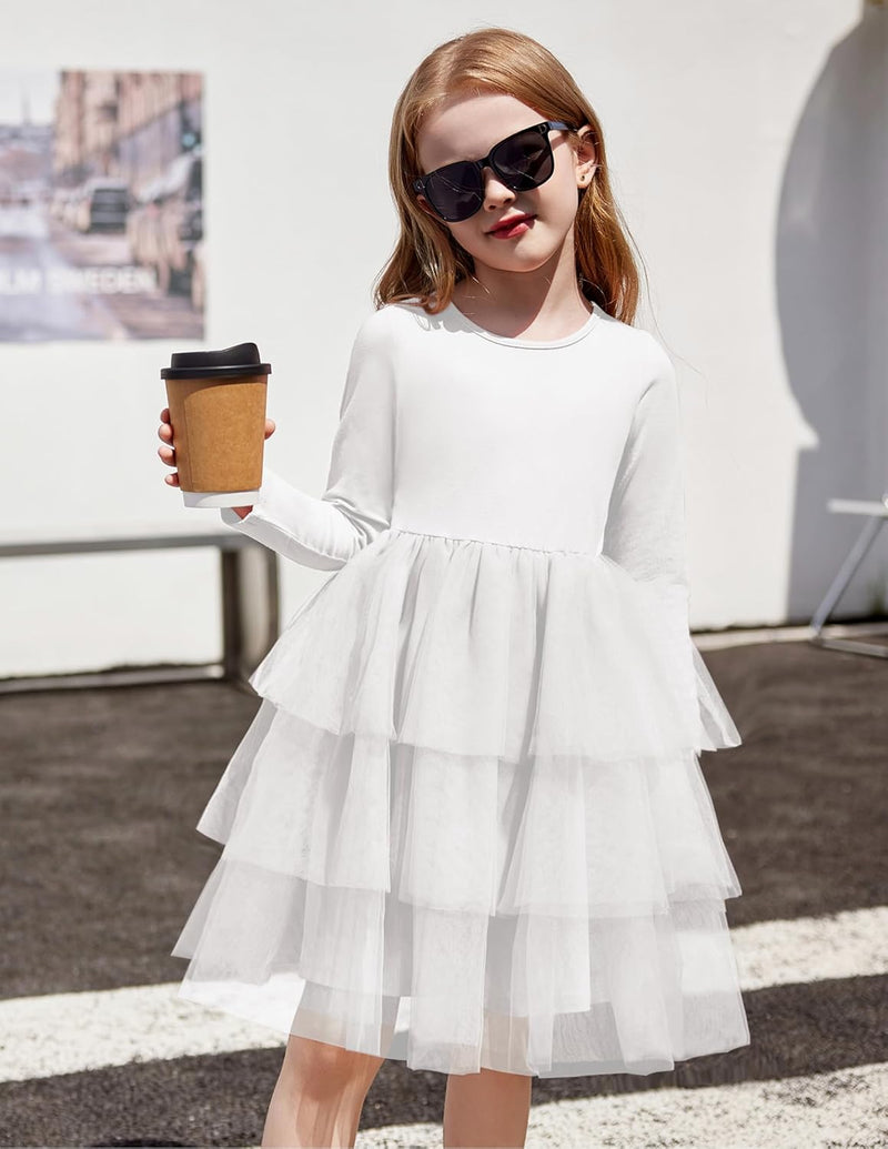 Toddler Tutu Dress Girls Long Sleeve Fall Winter Tiered Formal Party Tulle Dresses for Kids 2-6Y - ShopEbonyMonique