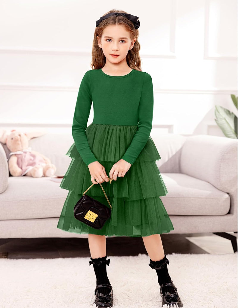 Toddler Tutu Dress Girls Long Sleeve Fall Winter Tiered Formal Party Tulle Dresses for Kids 2-6Y - ShopEbonyMonique