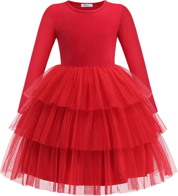 Toddler Tutu Dress Girls Long Sleeve Fall Winter Tiered Formal Party Tulle Dresses for Kids 2-6Y - ShopEbonyMonique