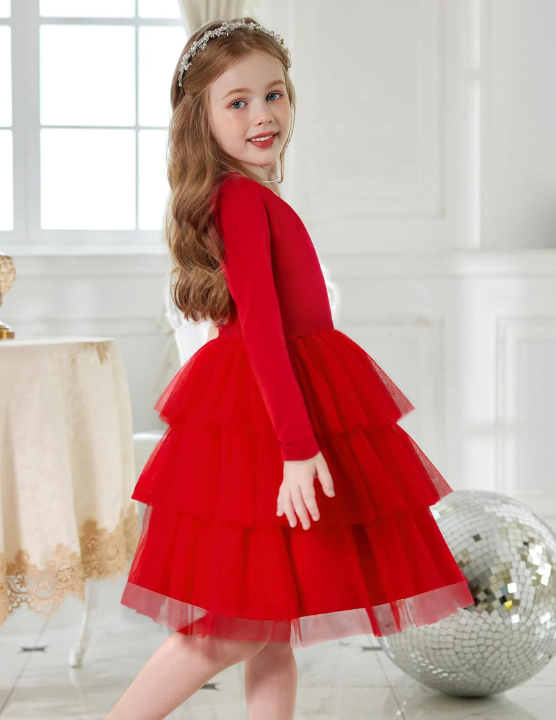 Toddler Tutu Dress Girls Long Sleeve Fall Winter Tiered Formal Party Tulle Dresses for Kids 2-6Y - ShopEbonyMonique