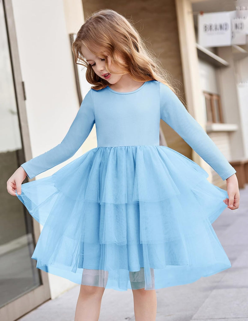 Toddler Tutu Dress Girls Long Sleeve Fall Winter Tiered Formal Party Tulle Dresses for Kids 2-6Y - ShopEbonyMonique