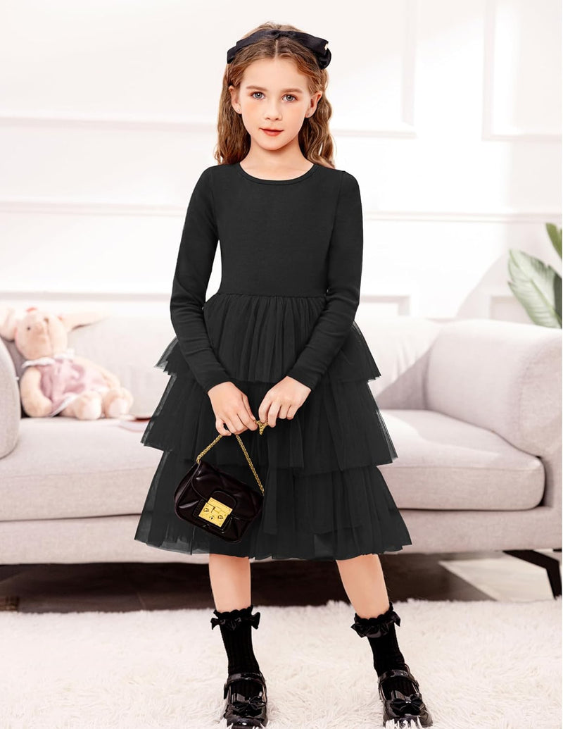 Toddler Tutu Dress Girls Long Sleeve Fall Winter Tiered Formal Party Tulle Dresses for Kids 2-6Y - ShopEbonyMonique