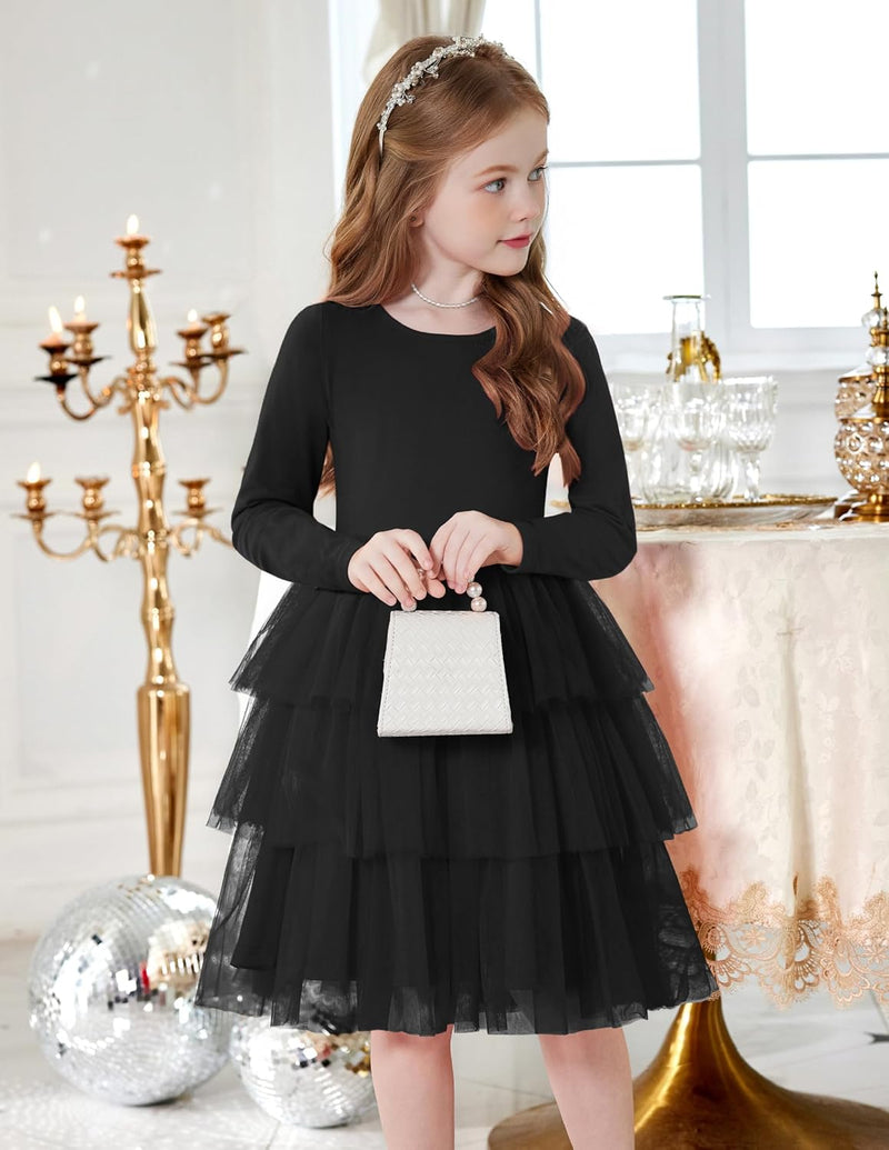 Toddler Tutu Dress Girls Long Sleeve Fall Winter Tiered Formal Party Tulle Dresses for Kids 2-6Y - ShopEbonyMonique