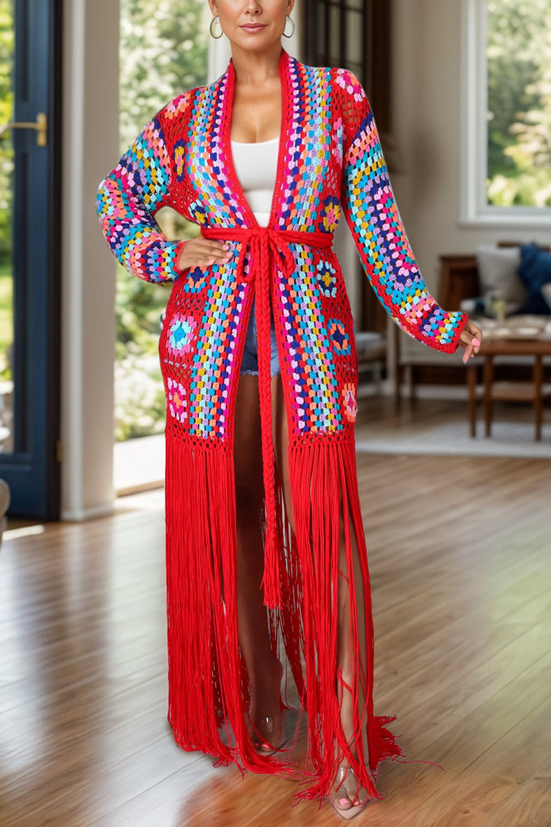 Fringe Tied Long Sleeve Cardigan - ShopEbonyMonique