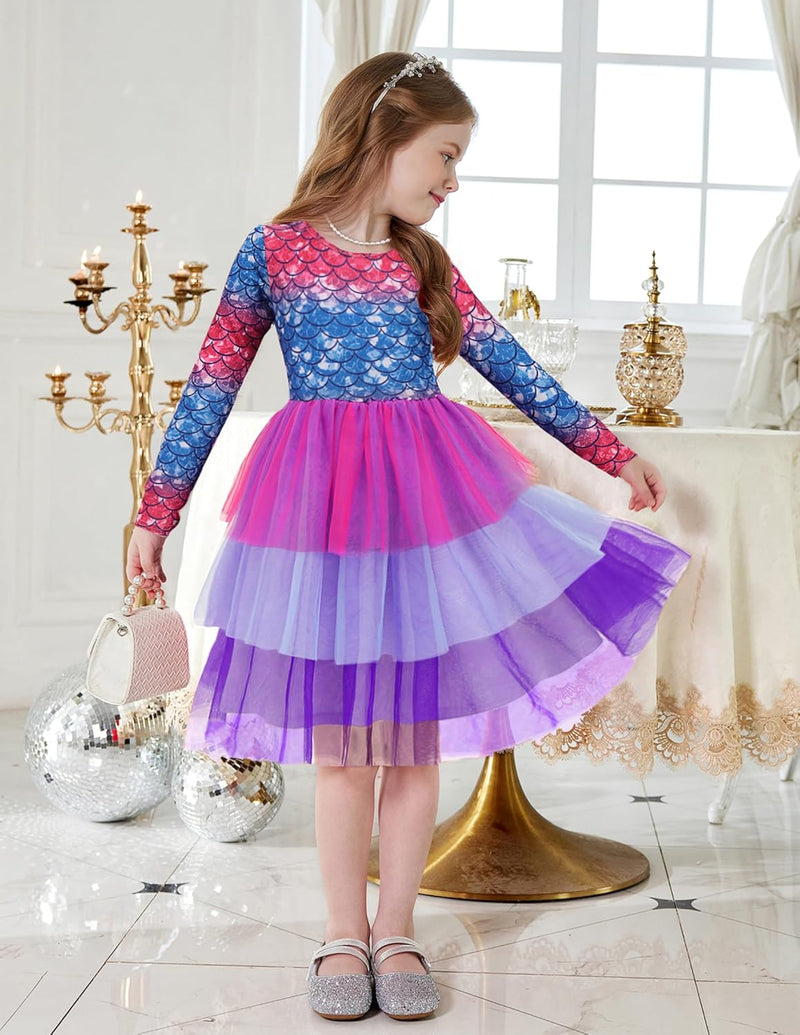 Toddler Tutu Dress Girls Long Sleeve Fall Winter Tiered Formal Party Tulle Dresses for Kids 2-6Y - ShopEbonyMonique