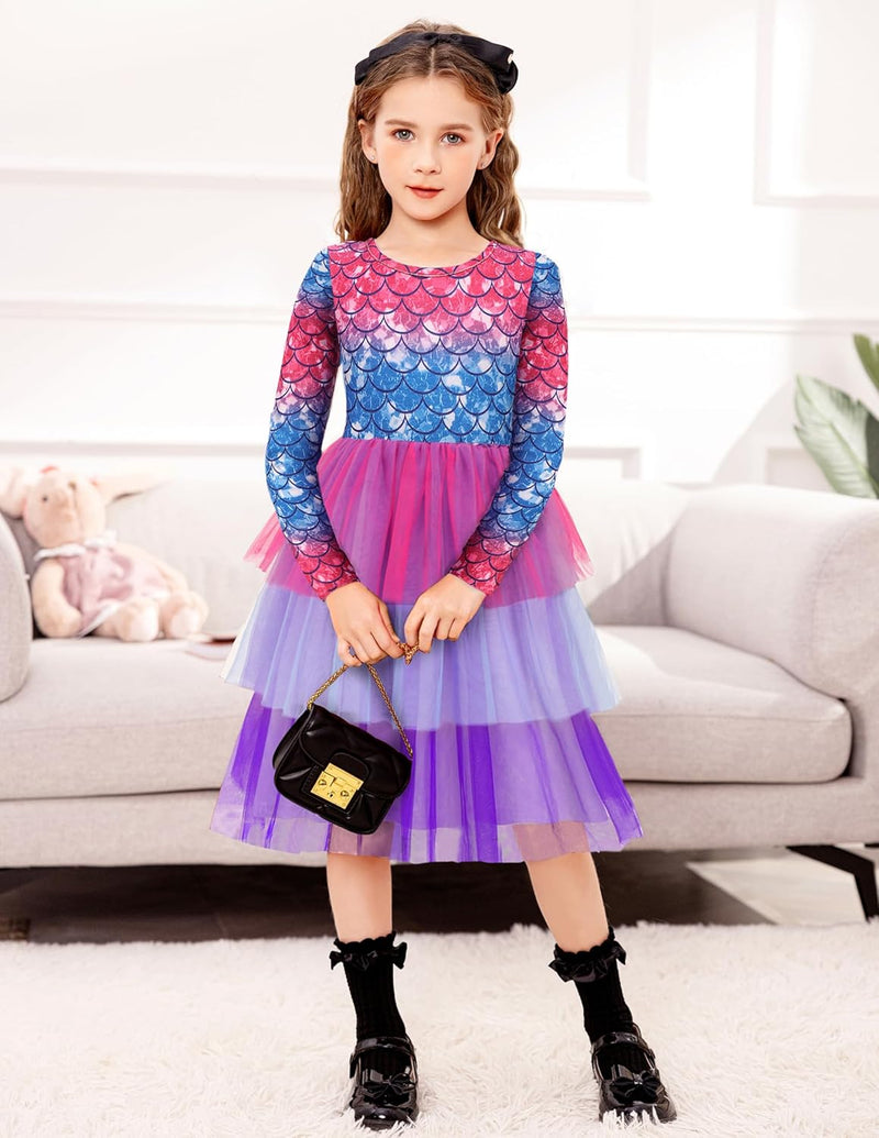 Toddler Tutu Dress Girls Long Sleeve Fall Winter Tiered Formal Party Tulle Dresses for Kids 2-6Y - ShopEbonyMonique