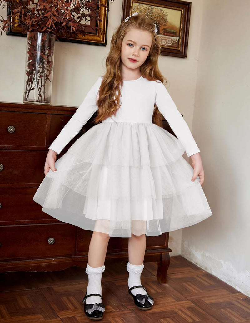 Toddler Tutu Dress Girls Long Sleeve Fall Winter Tiered Formal Party Tulle Dresses for Kids 2-6Y - ShopEbonyMonique