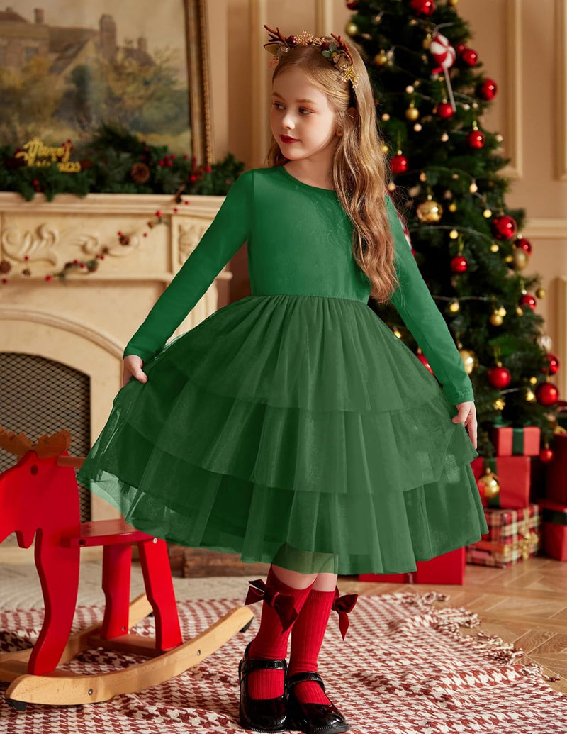 Toddler Tutu Dress Girls Long Sleeve Fall Winter Tiered Formal Party Tulle Dresses for Kids 2-6Y - ShopEbonyMonique