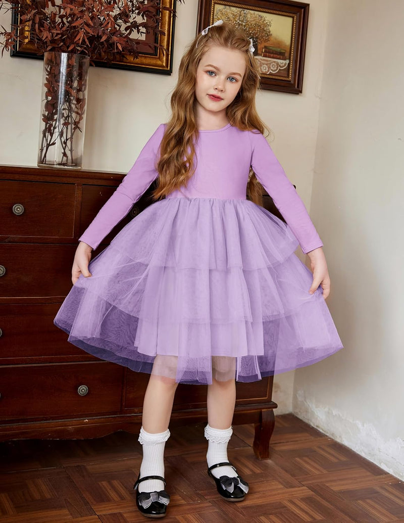 Toddler Tutu Dress Girls Long Sleeve Fall Winter Tiered Formal Party Tulle Dresses for Kids 2-6Y - ShopEbonyMonique