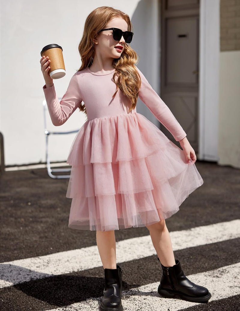 Toddler Tutu Dress Girls Long Sleeve Fall Winter Tiered Formal Party Tulle Dresses for Kids 2-6Y - ShopEbonyMonique