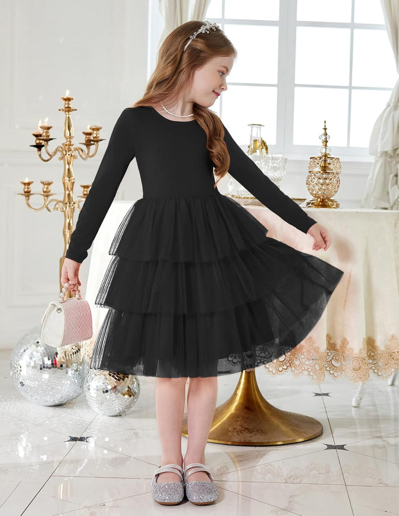 Toddler Tutu Dress Girls Long Sleeve Fall Winter Tiered Formal Party Tulle Dresses for Kids 2-6Y - ShopEbonyMonique