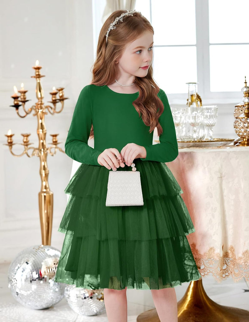 Toddler Tutu Dress Girls Long Sleeve Fall Winter Tiered Formal Party Tulle Dresses for Kids 2-6Y - ShopEbonyMonique