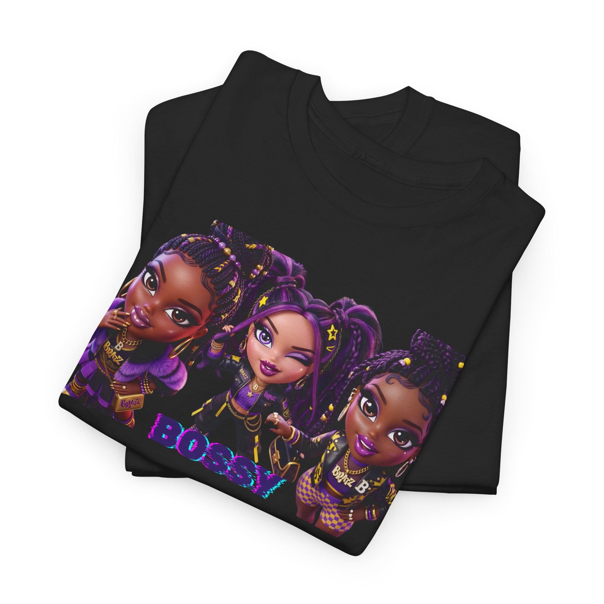 BOSSY Girl Crew Tee — Cute Purple Chibi Trio Graphic T‑Shirt