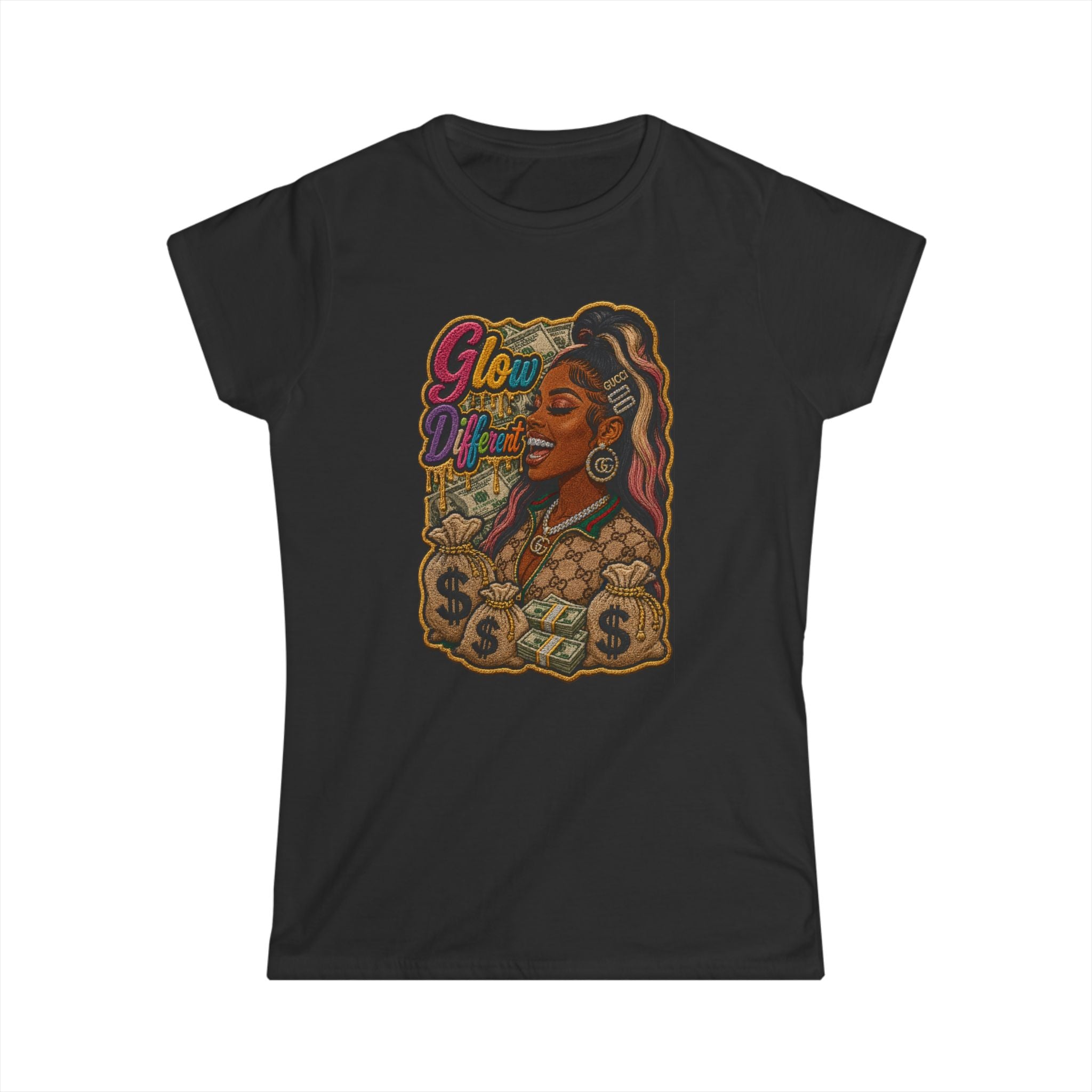Graphic Tee — "Glow Up" Retro Woman with Money Illustration