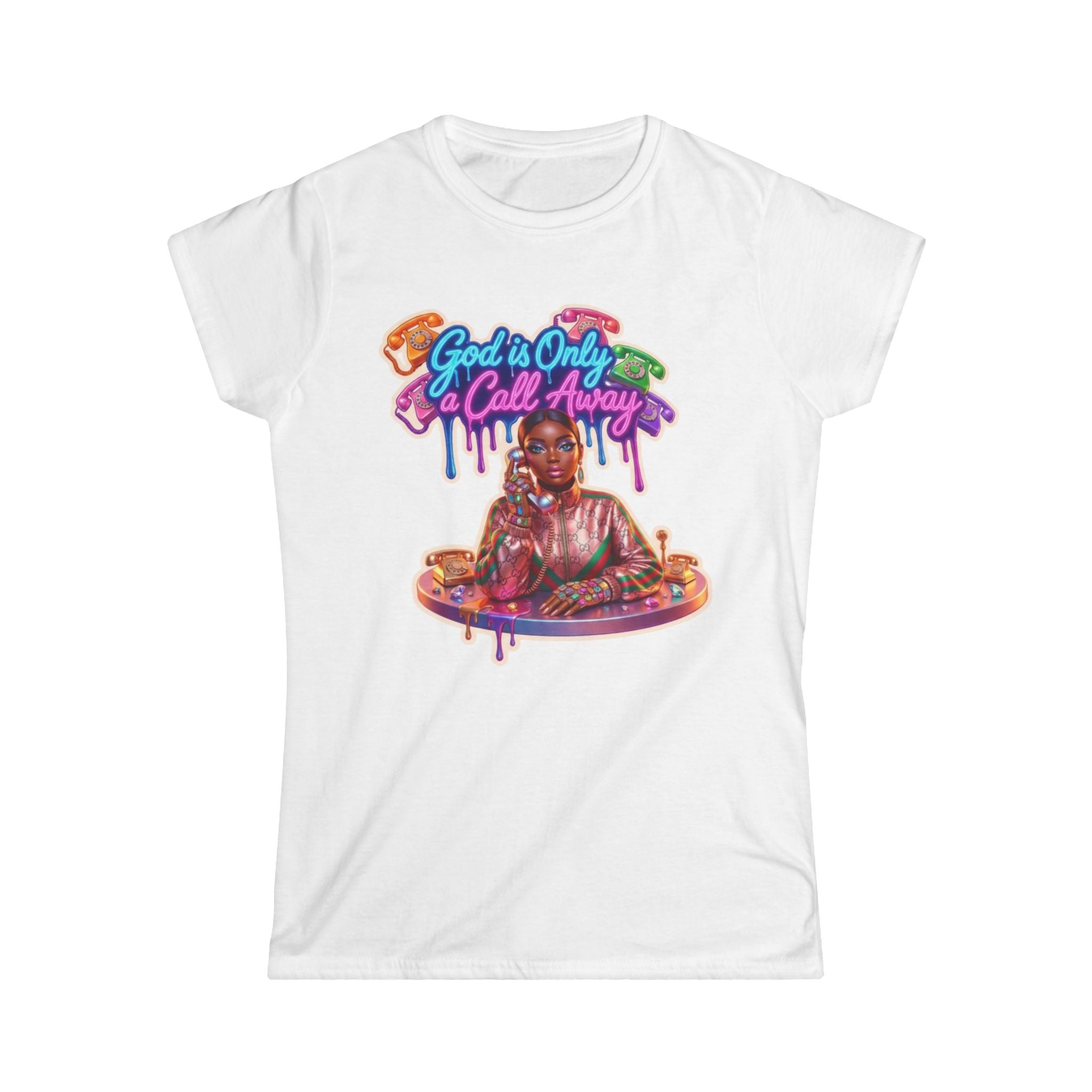 Women's Tee — 'God Is Only a Call Away' Colorful Retro Devotional Graphic