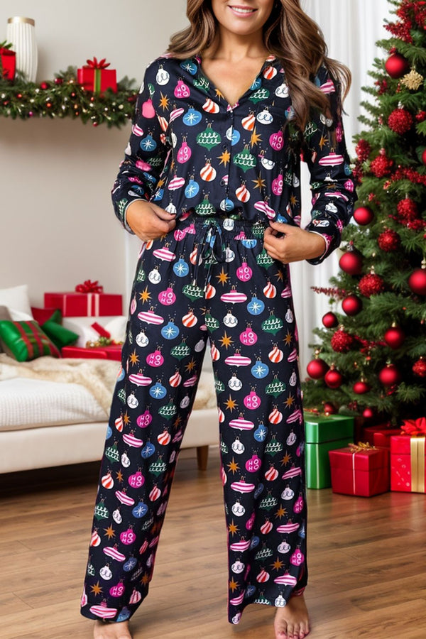 Christmas Printed Collared Neck Long Sleeve Top and Pants Lounge Set - ShopEbonyMonique