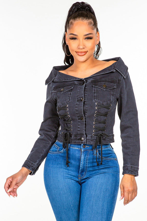 American Bazi Off Shoulder Lace Up Denim Jacket - ShopEbonyMonique