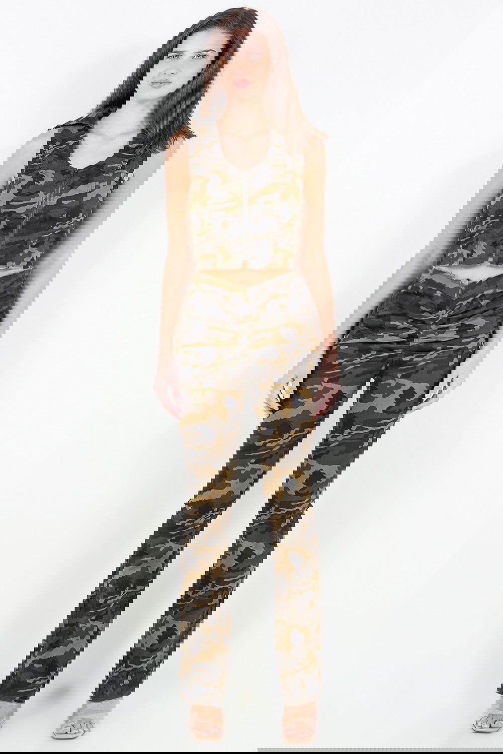 American Bazi V-Cut Ruched Camo Flare Pants - ShopEbonyMonique