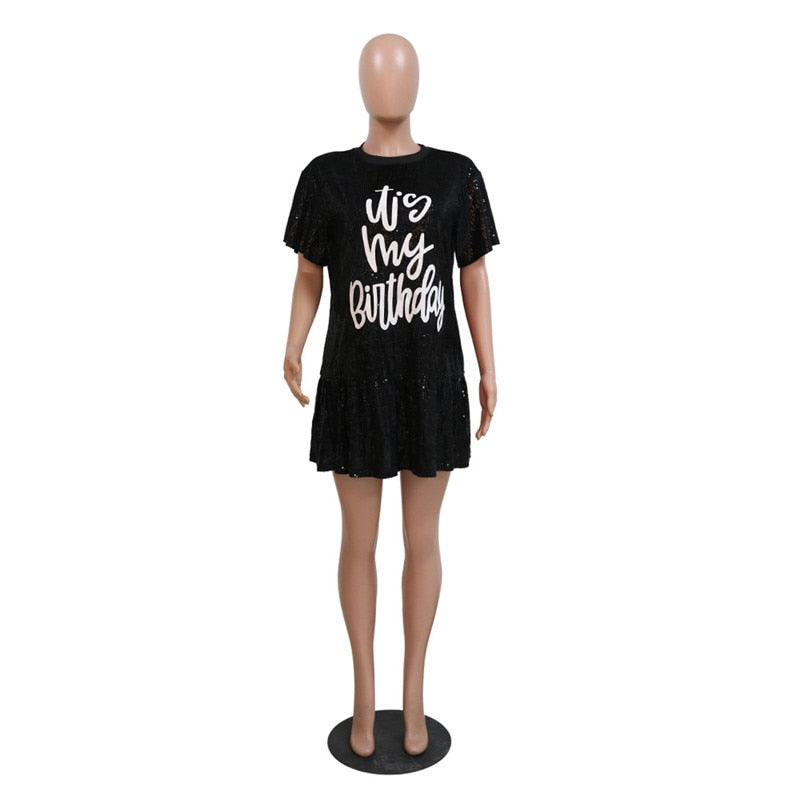 Birthday Sequins  T Shirt Dress - ShopEbonyMonique