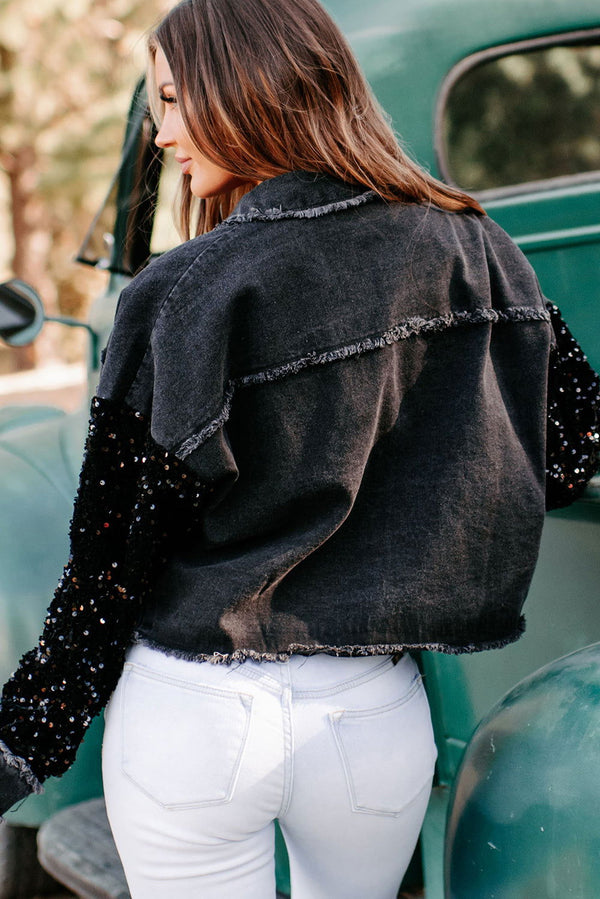 Black Sequin Sleeve Denim Jacket - ShopEbonyMonique