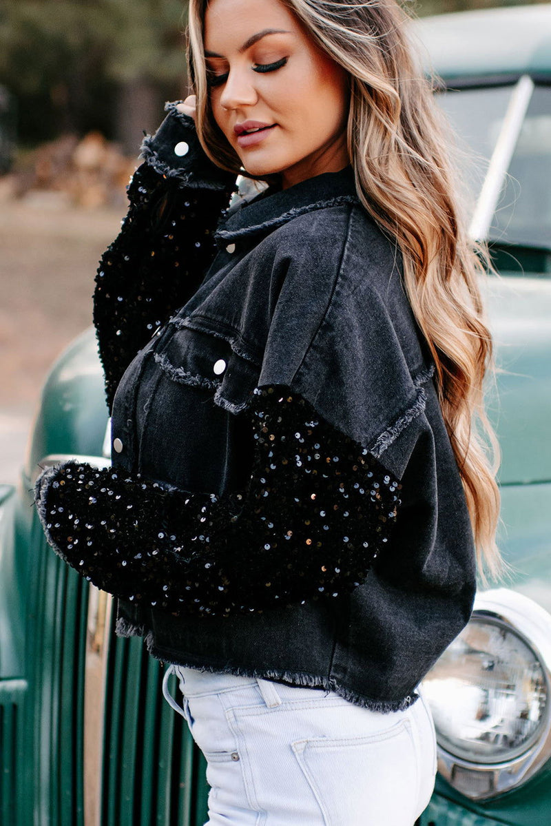 Black Sequin Sleeve Denim Jacket - ShopEbonyMonique