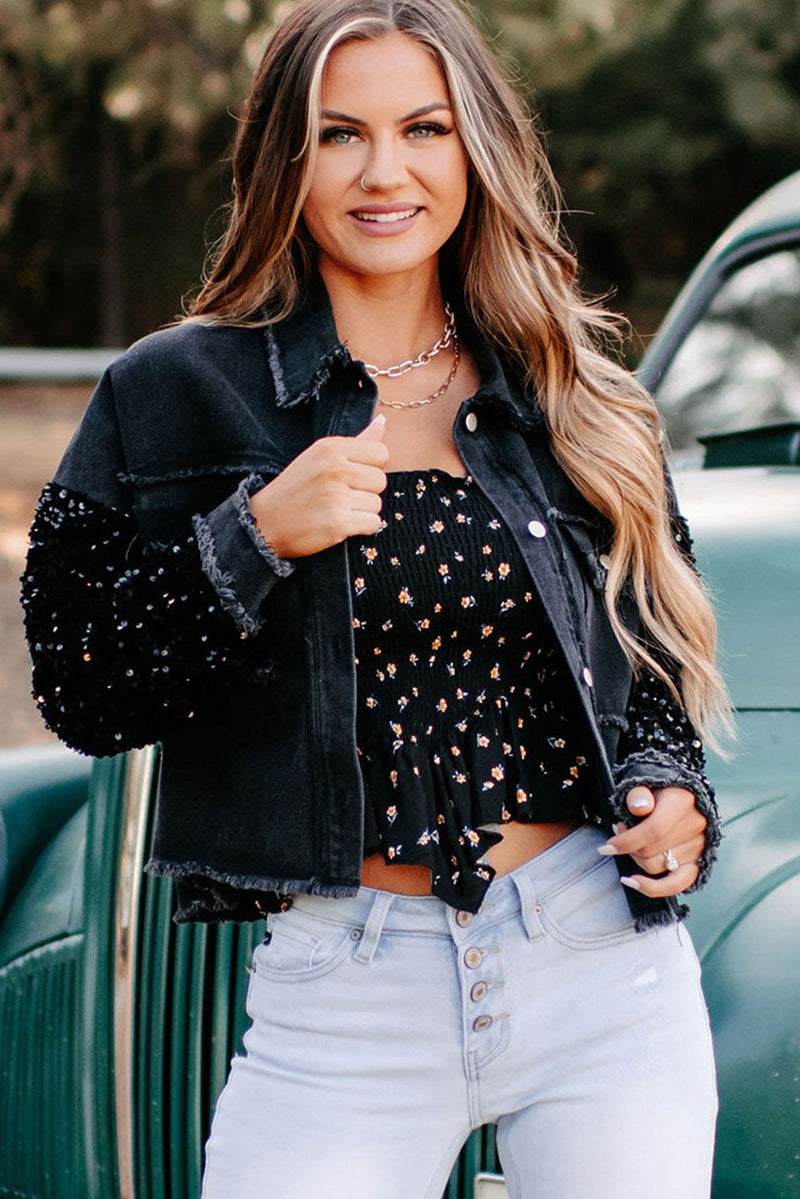 Black Sequin Sleeve Denim Jacket - ShopEbonyMonique