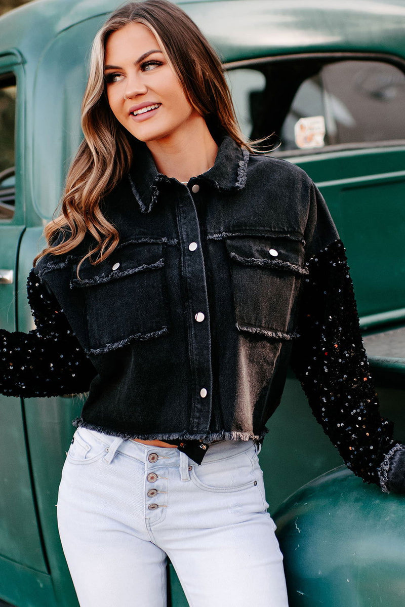 Black Sequin Sleeve Denim Jacket - ShopEbonyMonique