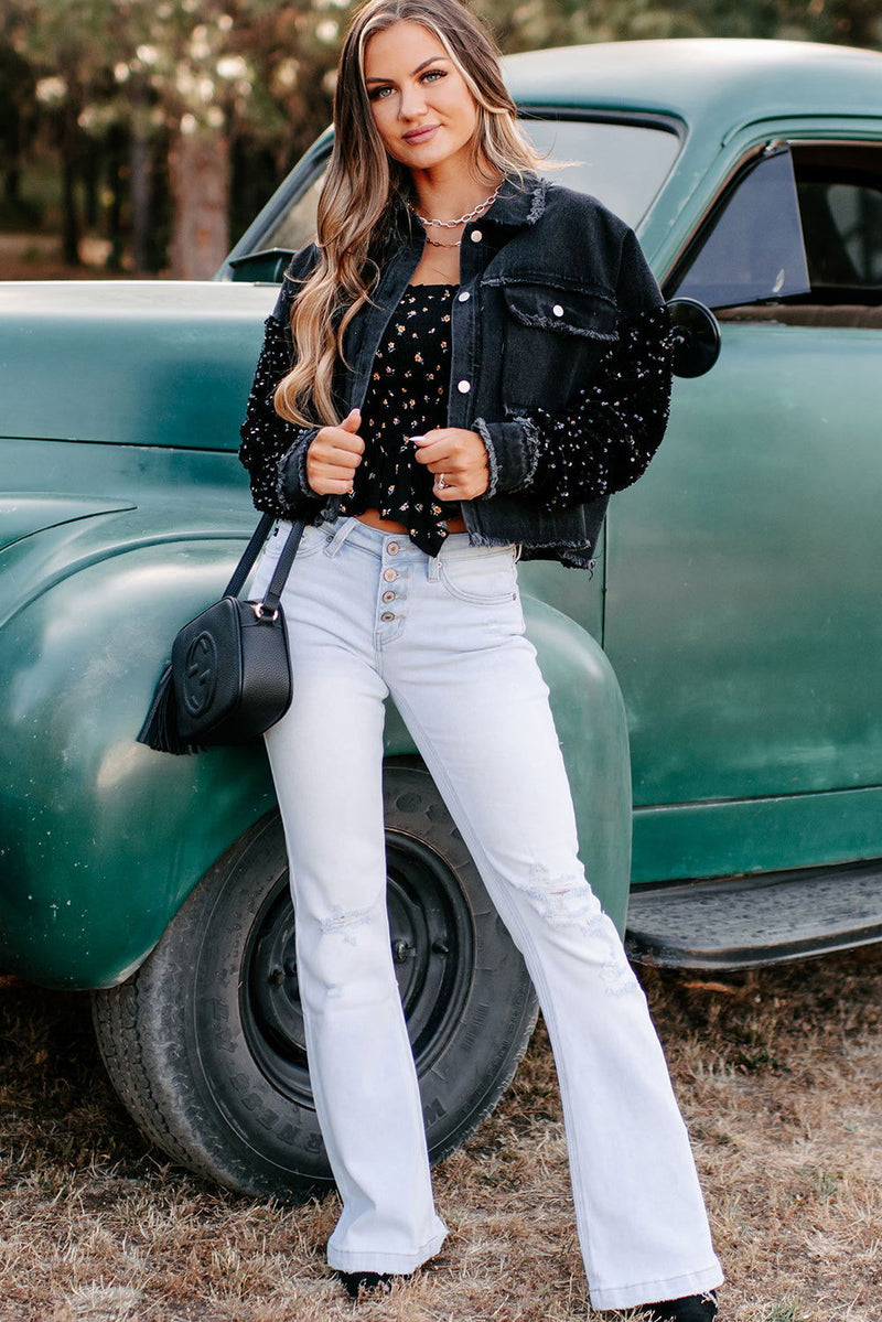 Black Sequin Sleeve Denim Jacket - ShopEbonyMonique