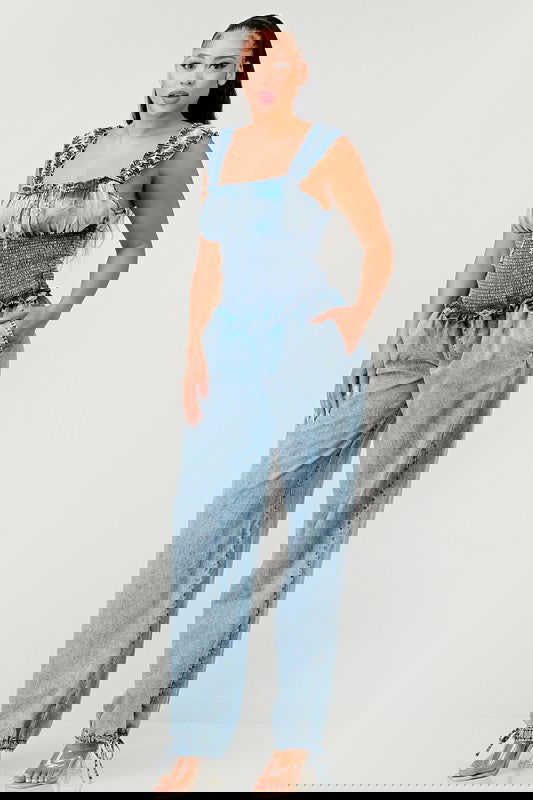 Chambray Charm Ruffled Jumpsuit - ShopEbonyMonique