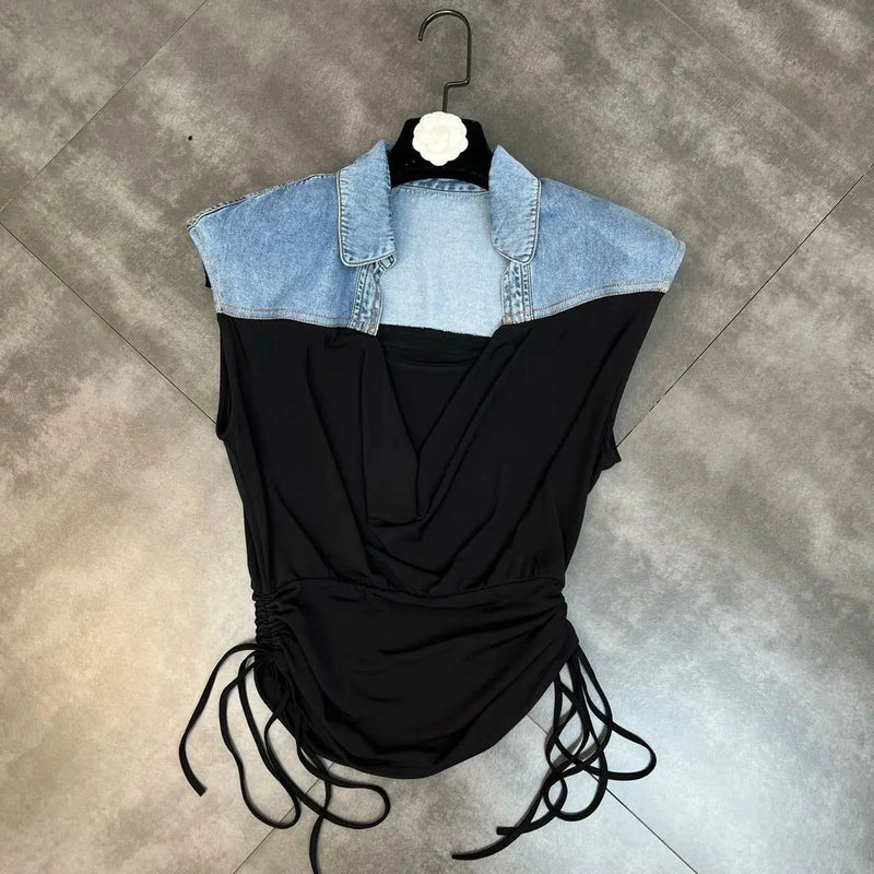 Deep V Neck Sleeveless Drawstring Denim  andHigh Waist Split Long Skirt - ShopEbonyMonique