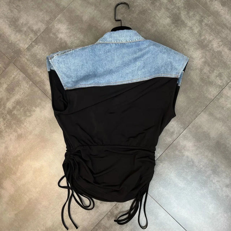 Deep V Neck Sleeveless Drawstring Denim  andHigh Waist Split Long Skirt - ShopEbonyMonique