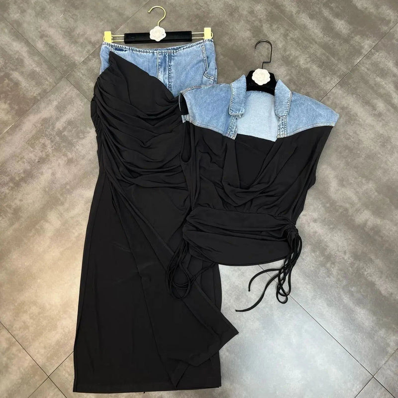 Deep V Neck Sleeveless Drawstring Denim  andHigh Waist Split Long Skirt - ShopEbonyMonique