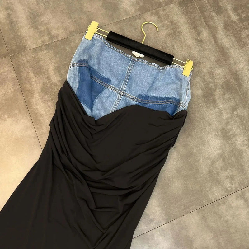 Deep V Neck Sleeveless Drawstring Denim  andHigh Waist Split Long Skirt - ShopEbonyMonique