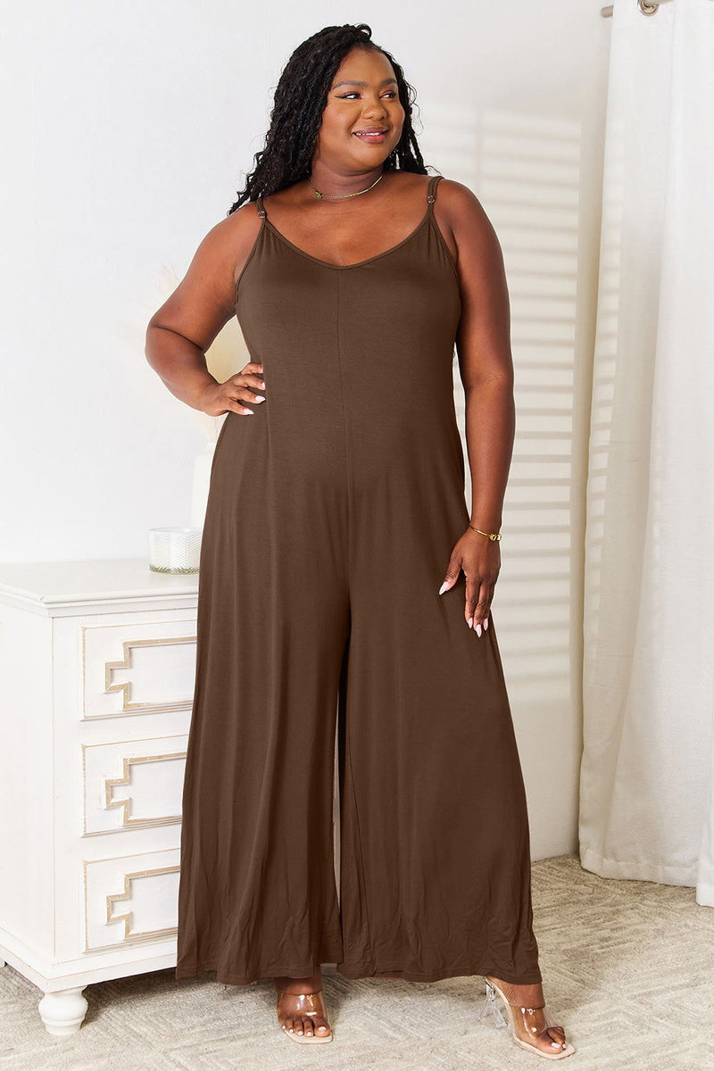 Double Take Full Size Soft Rayon Spaghetti Strap Tied Wide Leg Jumpsuit - ShopEbonyMonique